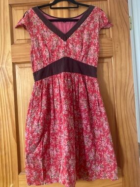Natura Red Floral Midi Dress Empire Waist Pockets Cottagecore Boho Cotton S
